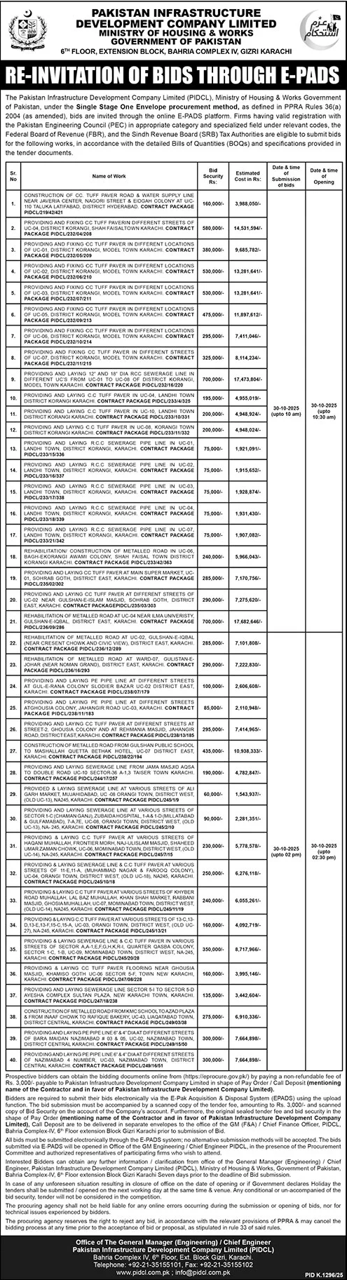 Pakistan Infrastructure Development Company Limited Karachi Tender Notice